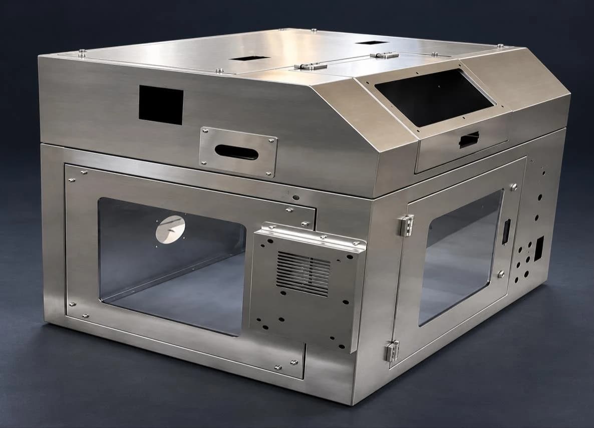 Golden Vision stainless steel equipment enclosure with access doors and openings